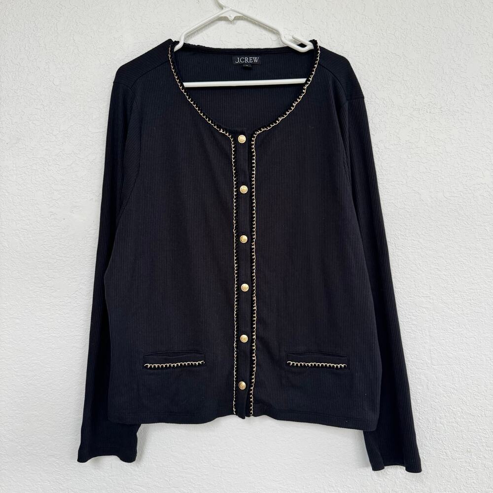 J.Crew Vintage rib lady jacket Cardigan chain trim Black Sz 2X Old Money Preppy - Picture 2 of 9
